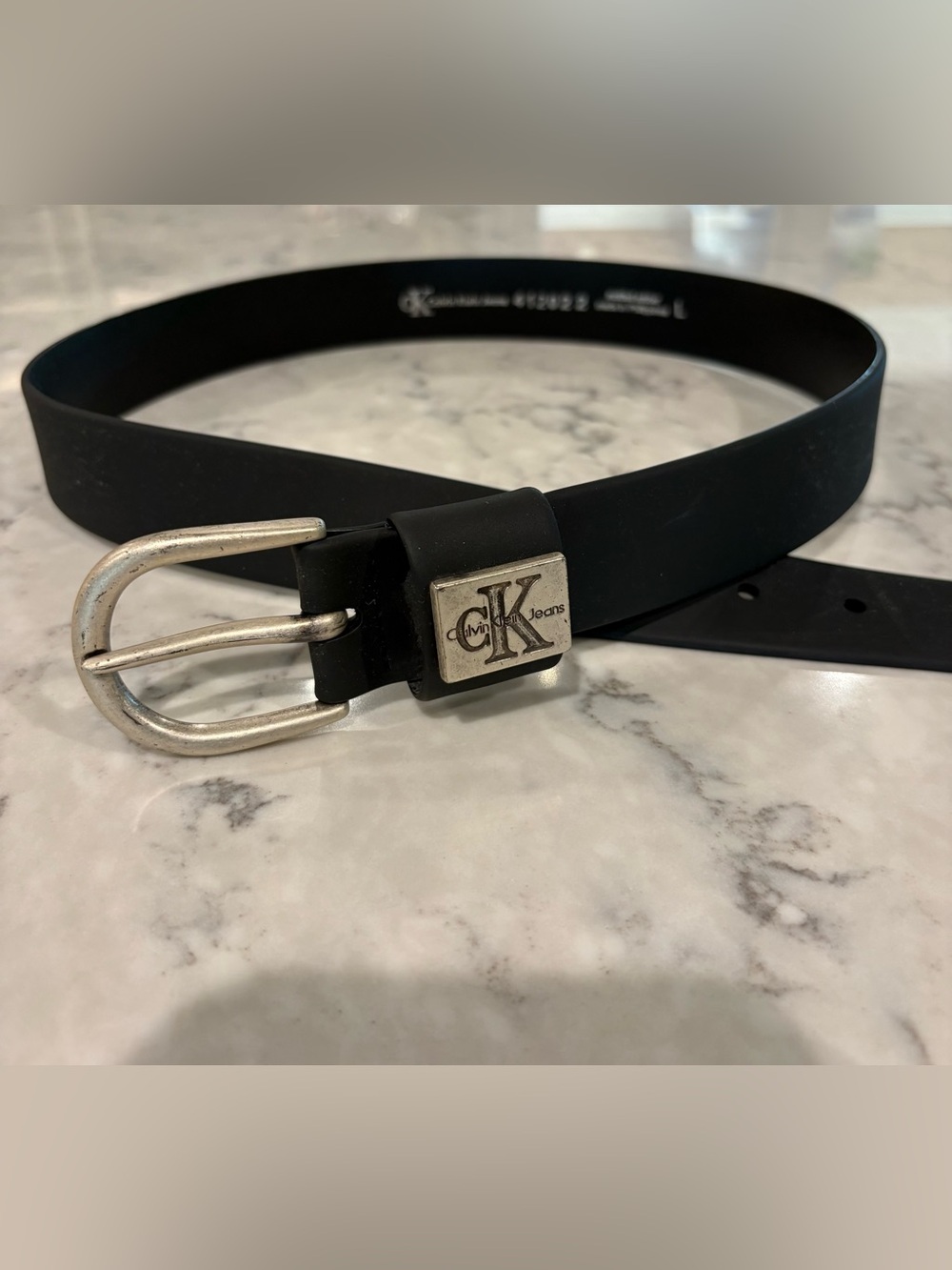 Women’s Calvin Klein Black Leather Belt with Silver CK Jeans Emblem